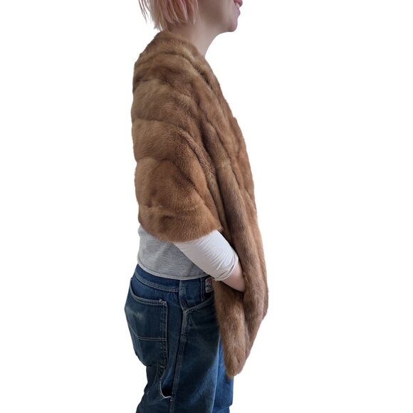 Vintage 1960s Genuine Mink Fur Stole W Side Pockets & Open Drape Front Design - Picture 3 of 9